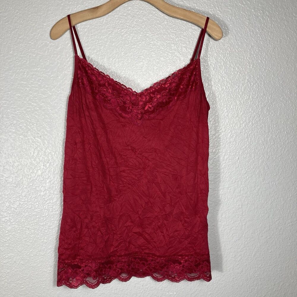 Y2K Lace Trim Tank Top Women XL Red V Fairy Crinkle Romantic Stretch Adjustable